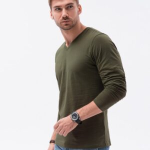 Pohodlné tričko s dlhým rukávom bez potlače olivové-muži