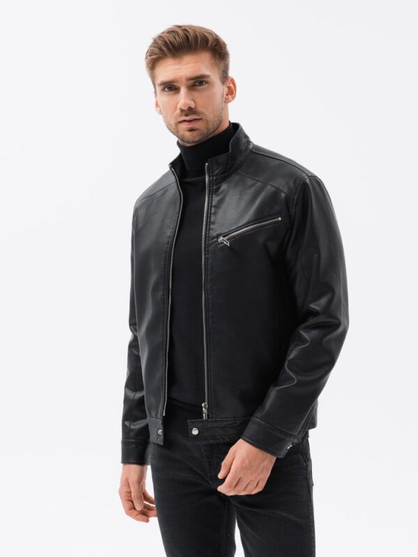 Moderná koženková zimná bunda pre pánov - čierna