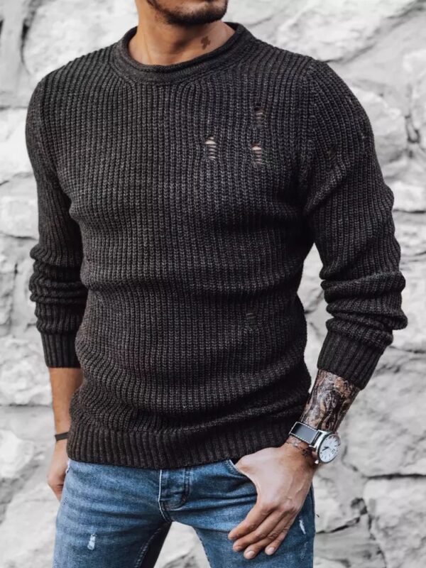 Pletený pánsky sveter s dierami - tmavošedý