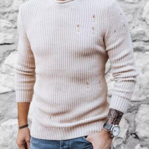 Pletený pánsky sveter s dierami - béžový