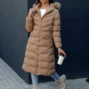 Dámska dlhá zimná tmavobéžová bunda Luxwarm