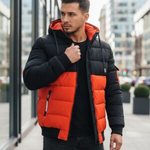 Trendy zimná bunda s kapucňou čierna a oranžová