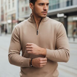 Originálny pánsky sveter na zips  -kamelový