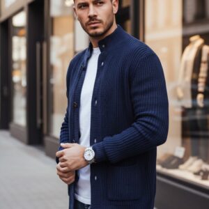 Trendy pánsky kardigán modrý