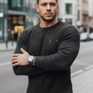 Pletený pánsky sveter s dierami - tmavošedý