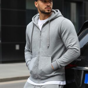 Pánska jednoduchá mikina na zips s kapucňou šedá